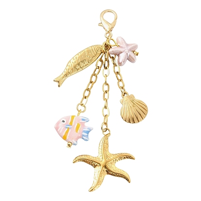304 acero inoxidable con decoraciones colgantes de porcelana, forma de concha y estrellas de mar y peces, con cierre de langosta, dorado