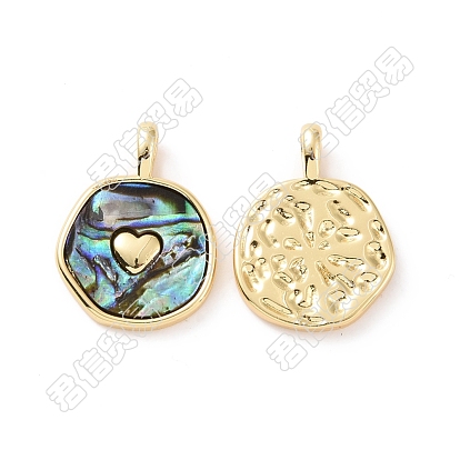 5Pendentifs en coquille d'ormeau naturel / coquille de paua, avec de véritables 18 k pièces en laiton plaqué or, sans cadmium et sans plomb, plaqué longue durée, charme plat rond, motif croix/cœur