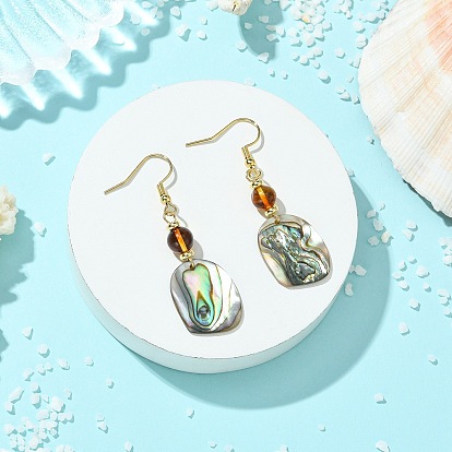Natural Paua Shell Dangle Earrings, Nuggets, Natural Amber Beads & 304 Stainless Steel Dangle Earrings for Women