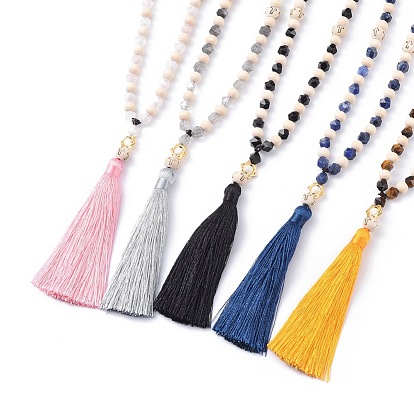 Nylon Tassel Pendant Necklaces, with Wood Beads, Natural Spiral Shell Beads, Gemstone Beads and Alloy Findings