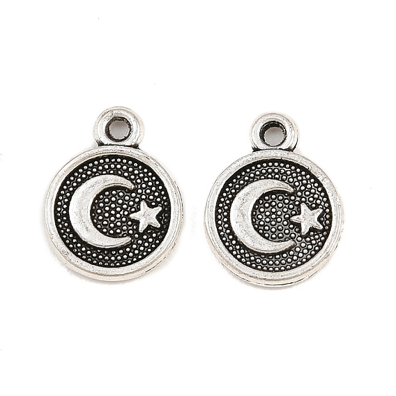 Tibetan Style Alloy Charms, Flat Round with Moon & Star Charms
