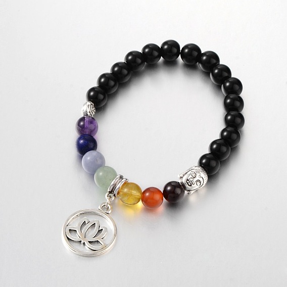 Natural Mixed Stone Beads Stretch Charm Bracelets, with Antique Silver Alloy Findings