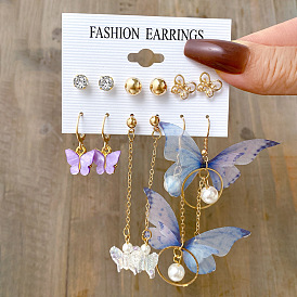 Asymmetrical Butterfly Earrings Set with Acrylic Pearl Pendant, European and American Style