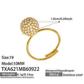 Adjustable 304 Stainless Steel Micro Pave Clear Cubic Zirconia Cuff Open Rings, Round Ball, Wide Band Rings