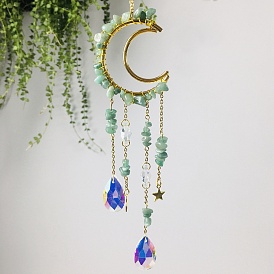 Natural & Synthetic Gemstone Chip Hanging Suncatcher Pendant Decoration, Crystal AB Teardrop Glass Prism Pendants and Octagon Link, with Brass Findings, Moon