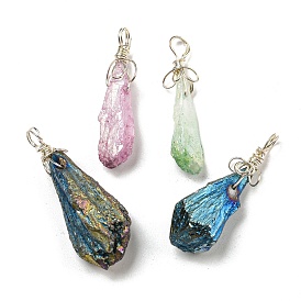 Electroplated Platinum Palted Copper Wire Wrapped Natural Quartz Crystal Pendants, Nuggets Charms