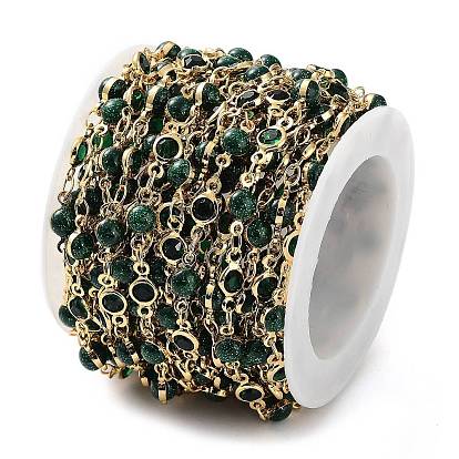 Handmade Green Glass Flat Round & Round Link Chains, with Brass Findings, with Spool, Soldered