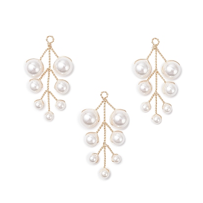 Подвески в виде листьев из круглых бусин с ракушечным жемчугом, с обмоткой из экологически чистой медной проволоки, золотые