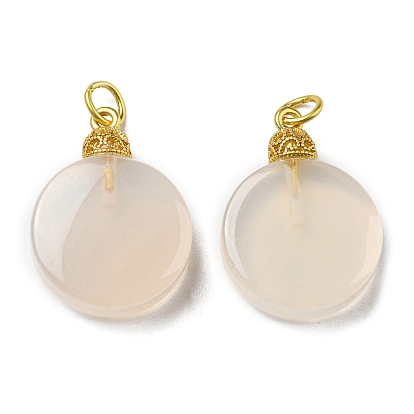 Natural White Agate Pendants, Flat Round Charms with Brass Jump Rings