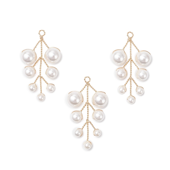 Подвески в виде листьев из круглых бусин с ракушечным жемчугом, с обмоткой из экологически чистой медной проволоки, золотые