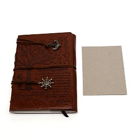 Travel Diary Notebook, with PU Leather, Zinc Alloy Pendants and Paper Bookmark, Rectangle with Tree & Word Pattern