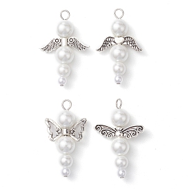 4Pcs 4 Styles Glass Pearl Pendants, with Alloy Beads, Angel