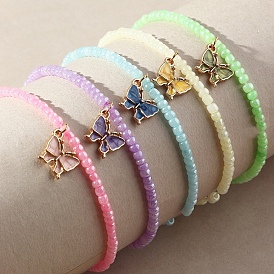 5Pcs 5 Color Glass Beaded Stretch Bracelets Set, Stackable Bracelets with Alloy Enamel Butterfly Charms