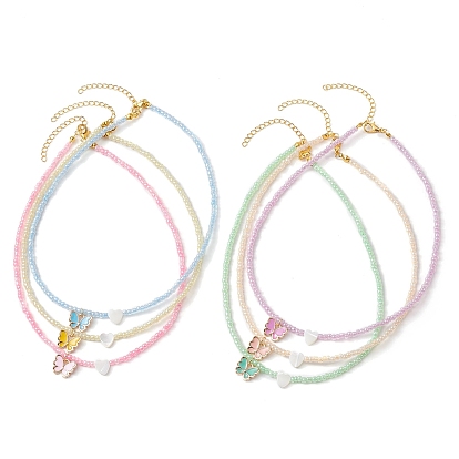 Glass Seed Bead Necklaces, Natural Trochid Shell and Alloy Enamel Charms, Butterfly