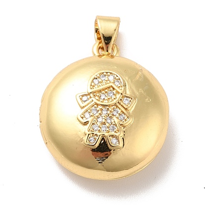 Rack Plating Brass Micro Pave Clear Cubic Zirconia Locket Pendants, Cadmium Free & Lead Free, Long-Lasting Plated, Flat Round with Girl Pattern