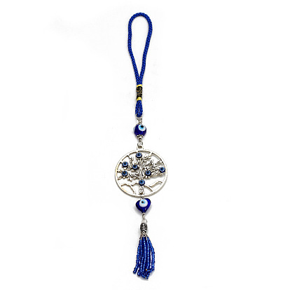 Alloy & Lampwork Tree of Life with Evil Eye Pendant Decoration, Glass Beaded Tassel Hanging Car Ornaments