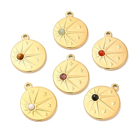 Ion Plating(IP) 316 Stainless Steel Flat Round Pendants, Gemstone Sun Charms, Real 24K Gold Plated