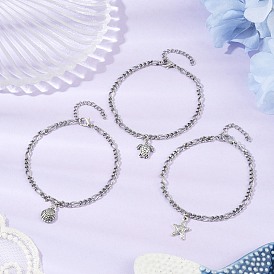 3шт. 304 браслеты-цепочки из нержавеющей стали Figaro, Браслеты из сплава в форме черепахи/морской звезды/ракушки в тибетском стиле для женщин