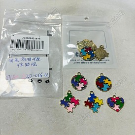 10Pcs 5 Styles Alloy Enamel Pendants, Autism Puzzle Charm, Heart & Flat Round & Rhombus