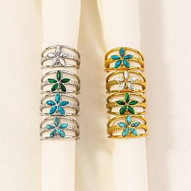 304 Stainless Steel Open Cuff Ring, Flower Resin Imitation Gemstone Finger Ring for Women