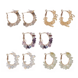 Natural Gemstone Chips Beaded Hoop Earrings, Golden Tone Brass Wire Wrap Jewelry for Women