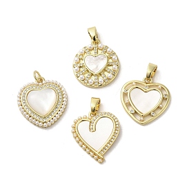 Brass Pave Shell Pendants, Heart Charms with ABS Imitation Pearl and Crystal Rhinestone