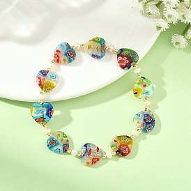 Handmade Millefiori Lampwork Heart & Natural Pearl Beaded Stretch Bracelets, Golden