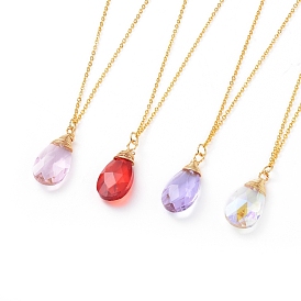 Collares facetados de cristal de lágrima, con alambre de cobre, cadenas de cable de latón chapado en oro y cierres de anillo de resorte