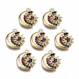 Brass Micro Pave Cubic Zirconia Charms, Nickel Free, Moon with Sun