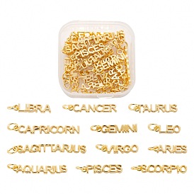 24Pcs 12 Style Golden Brass Pendants, with Jump Rings, Long-Lasting Plated, Word with Constellation/Zodiac Sign