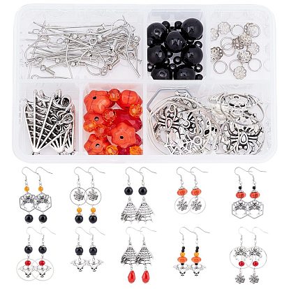 176 10 Stück DIY-Ohrring-Bastelsets mit Halloween-Motiven, einschließlich Aluminiumperlenkappen & Anhänger, synthetischer Türkis & Acryl & Glasperlen, Eisenstifte und Messingfunde