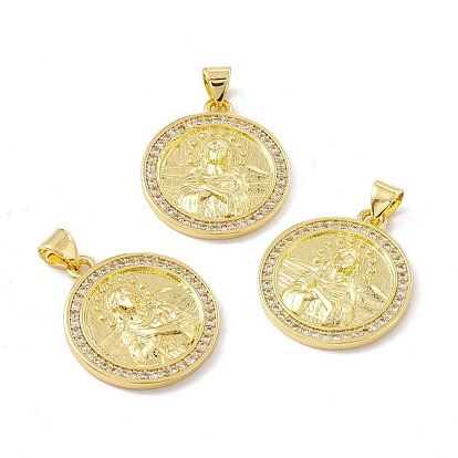 Rack Plating Brass Micro Pave Clear Cubic Zirconia Pendants, Long-Lasting Plated, Cadmium Free & Lead Free, Flat Round with Goddess