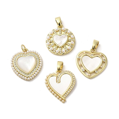 Подвески из латунных ракушек, Подвески-сердечки с имитацией жемчуга из АБС-пластика и хрустальными стразами