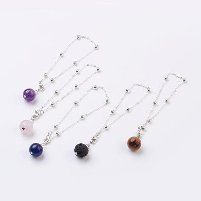 Natural Gemstone Beads Charm Bracelets, with Brass Chains and Brass Lobster Claw Clasps, Silver Color Plated