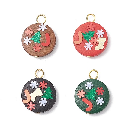 Подвески из натурального грушевого дерева с пластиковыми пайетками, плоско-круглые, Новогодняя тема