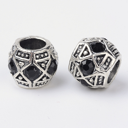 Alloy Rhinestone Rondelle Large Hole European Beads, Antique Silver, 11x9mm, Hole: 5mm