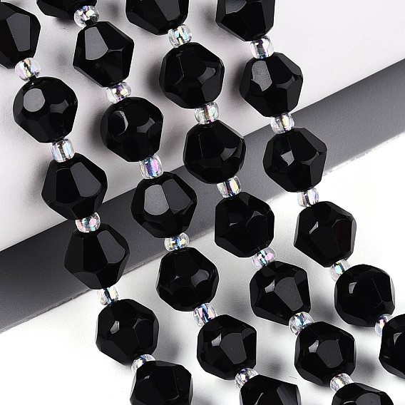 Натуральные бусины из черного оникса (окрашенные и нагретые), двухконусные, граненые, с бисером