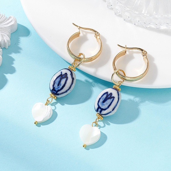 Овальные серьги-кольца с сердечком 304 из нержавеющей стали, с бусинами ручной работы из фарфора и бусинами из натуральной раковины трохида/трохуса