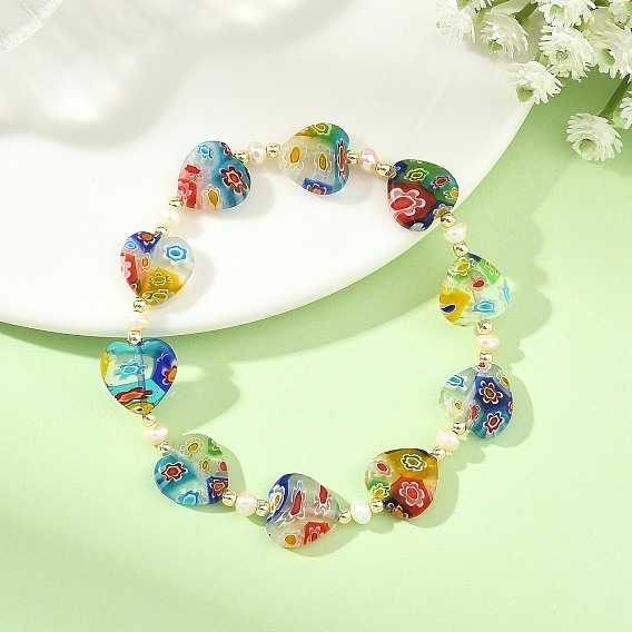 Handmade Millefiori Lampwork Heart & Natural Pearl Beaded Stretch Bracelets, Golden
