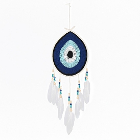 Oval with Evil Eye Woven Web/Net with Feather Wall Hanging Decorations, with Iron Ring and Wood Beads, for Home Bedroom Decorations