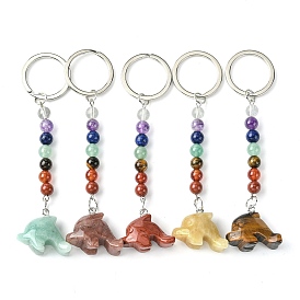 Dolphin Natural Gemstone Keychain, with 7 Chakra Beads and Iron Key Rings, for Women Men Hanging Car Bag Charms