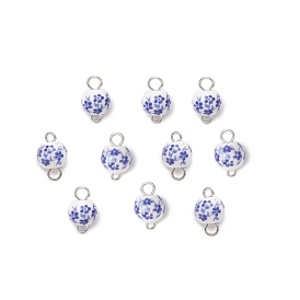 10Piezas de enlaces de cerámica de porcelana con estampado de flores hechos a mano, Dijes de conector redondo con presillas de hierro, azul y blanco