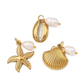 304 Подвески из нержавеющей стали и жемчуга, с латунной фурнитурой , Подвески в виде морской звезды, раковины каури и раковины морского гребешка.