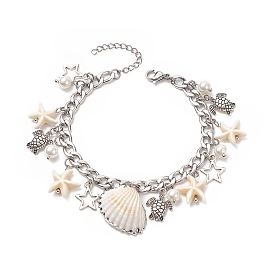 Bracelet à breloques étoile de mer turquoise synthétique & coquillage naturel & perle de coquillage, bracelet à breloques étoile et étoile en alliage pour femme