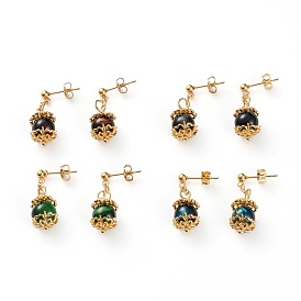 Dangle Stud Earrings, with Gold Sand Lampwork Beads, 304 Stainless Steel Stud Earrings Findings and Brass Ear Nuts, Round, Golden