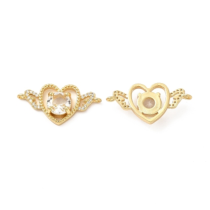 Rack Plating Brass Micro Pave Clear Cubic Zirconia Connector Charms, Heart with Wing Links, with Faceted Glass, Cadmium Free & Lead Free, Real 18K Gold Plated