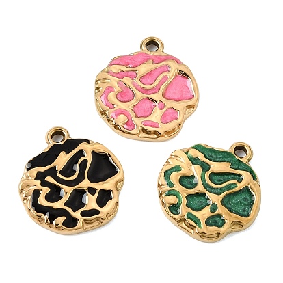 303 Stainless Steel Enamel Pendants, Flat Round Charms, Ion Plating(IP), Golden