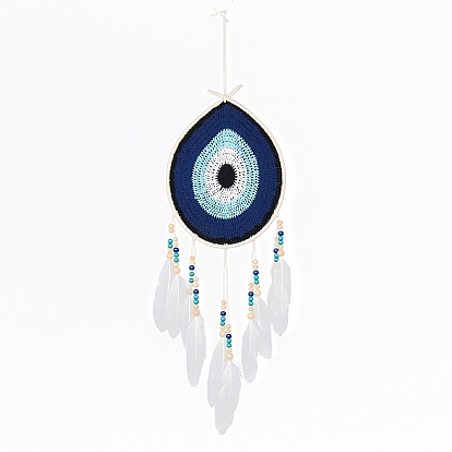Oval with Evil Eye Woven Web/Net with Feather Wall Hanging Decorations, with Iron Ring and Wood Beads, for Home Bedroom Decorations