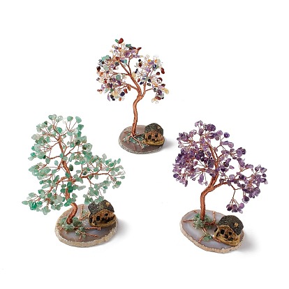 Natural Gemstone Tree Display Decoration, Resin Mini House on Agate Slice Base Feng Shui Ornament for Wealth, Luck, Rose Gold Brass Wires Wrapped