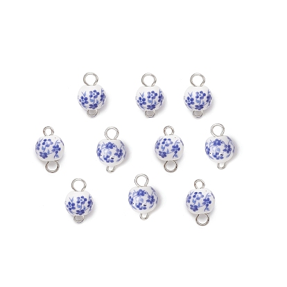 10Piezas de enlaces de cerámica de porcelana con estampado de flores hechos a mano, Dijes de conector redondo con presillas de hierro, azul y blanco